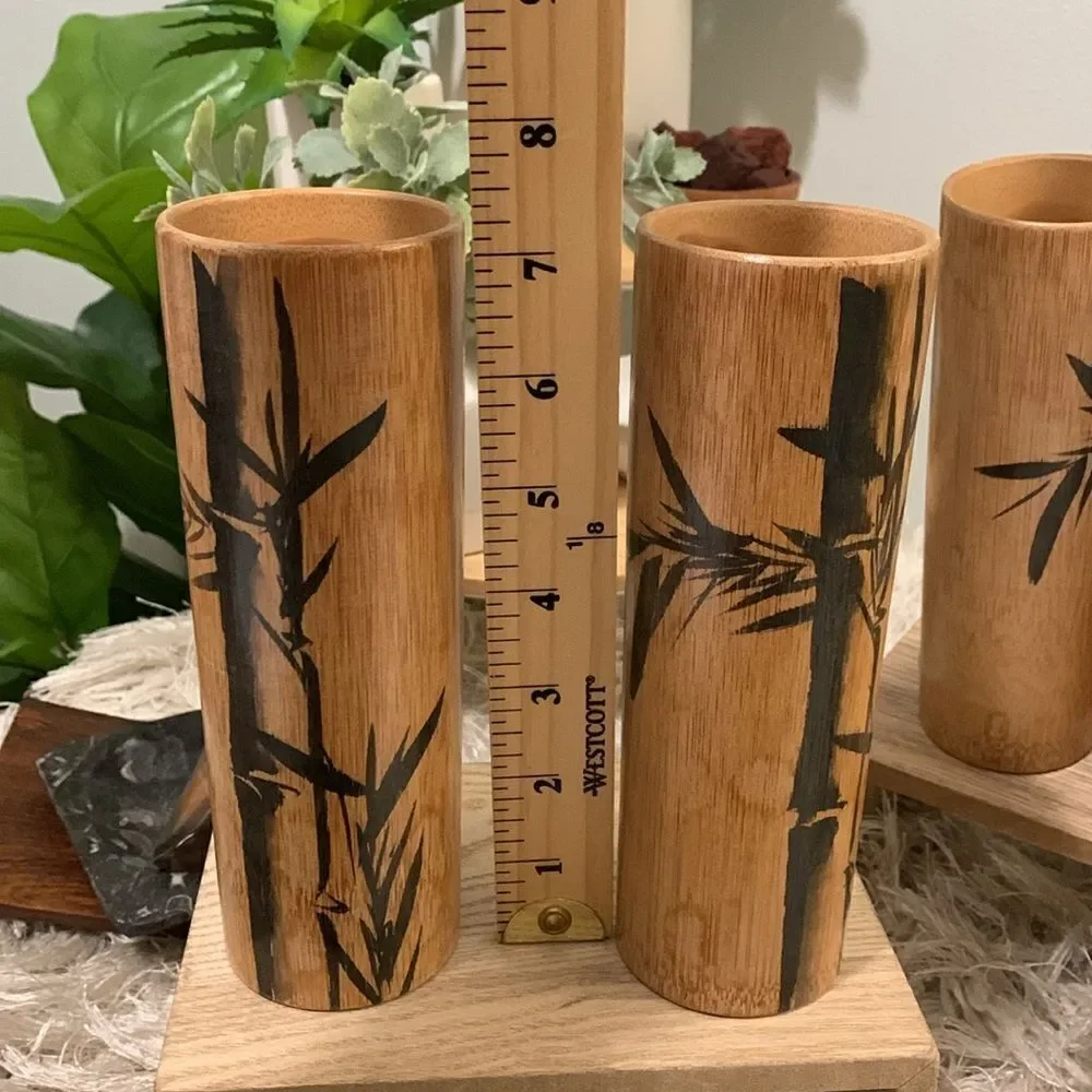 Angel Bamboo Cup Set Of 4 Tall 2‎ Short Handpainted Bamboo Drinking Cups Vintage